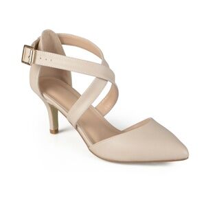 Journee Beige Padded Strappy Riva Pointy Toe Kitten Heel Buckle Pumps
